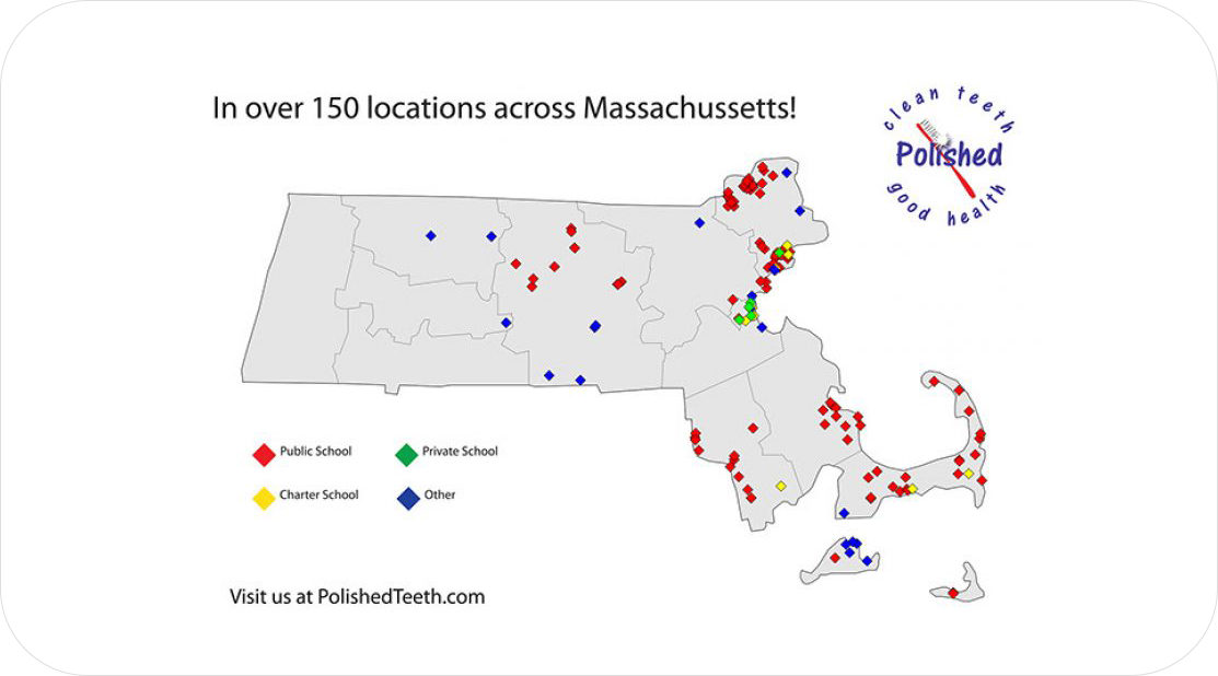 A map of massachusetts with the locations of school buildings.